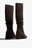 Neva brown suede knee-high boot with ruched shaft showing interior - top view