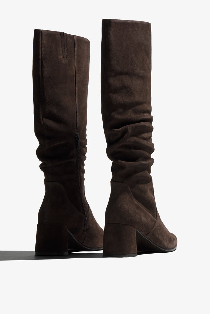 Neva brown suede knee-high boot with ruched shaft showing interior - top view