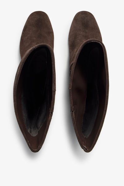 Neva brown suede knee-high boot with ruched shaft and block heel - back view