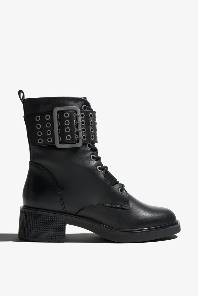 Renee black leather ankle boot with metal eyelets and lace-up - side view