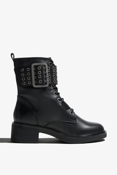 Renee black leather ankle boot with metal eyelets and lace-up - side view