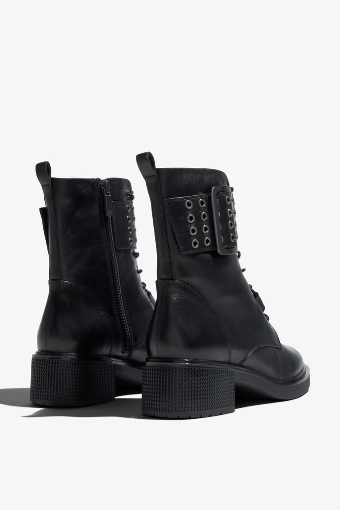 Renee black leather ankle boot with metal eyelets and lace-up - back view