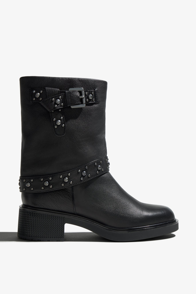 Renee black leather mid-calf boot with studded ankle strap - side view