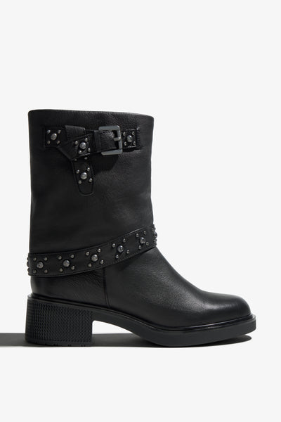 Renee black leather mid-calf boot with studded ankle strap - side view
