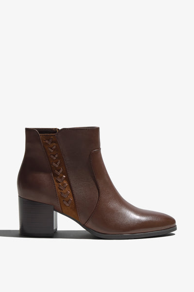 Taylor brown leather ankle boot with braided side detail and block heel - side view