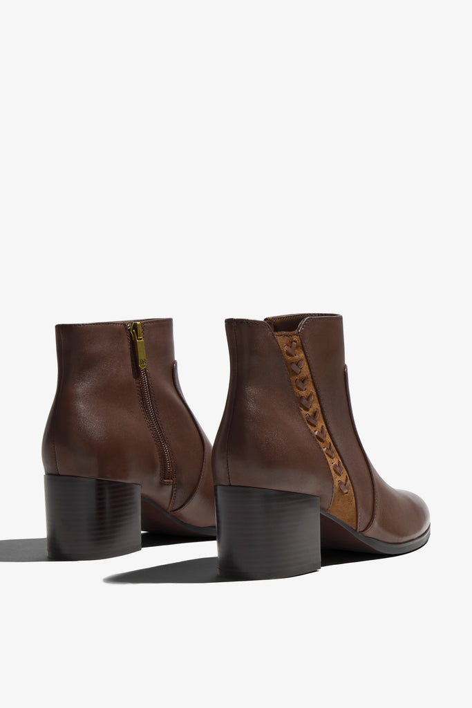 Taylor brown leather ankle boot with braided detail showing interior - top view