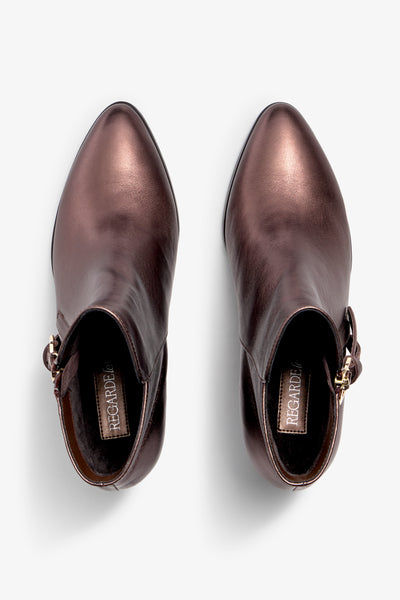 ebano metallic leather ankle bootie, 60 mm, zipper, metal accessories, accentuated stitching, block heel, rubber sole.