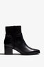 black leather ankle bootie, 60 mm, zipper, stretch upper material, accentuated stitching, block heel, rubber sole.